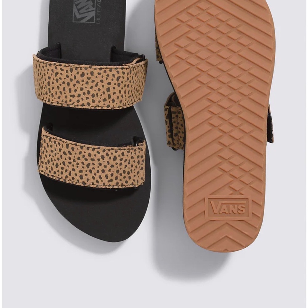 Vans Tan and Black Leopard Slides